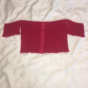 Red lettuce trim off the shoulder crop top